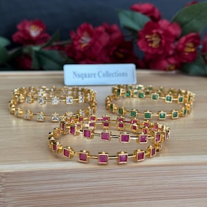 CZ Gold Bangle Set: Emerald, Ruby & Diamond Style - Size 2.4, 2.6, 2.8