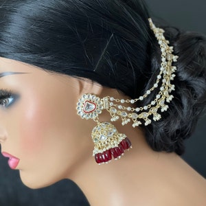 Jhumkas / Trendy kundan and pearl Jhumkas with connected ear chain /  Indian Jumkas , jhumkas with white  pearls / Chandbali Jhumkas