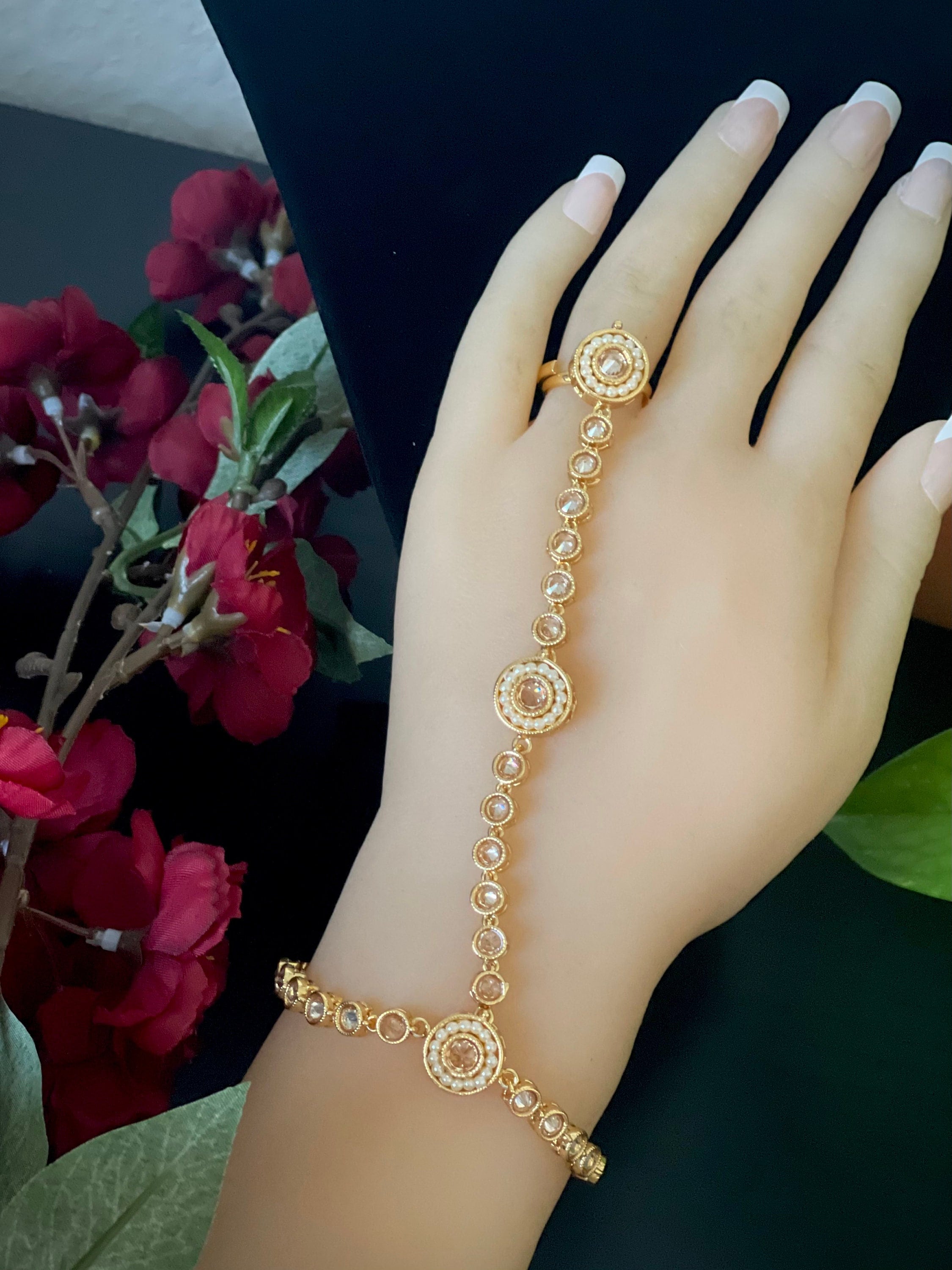 Single Polki Pearl Bracelet Haathphool Bracelet Ring Combo