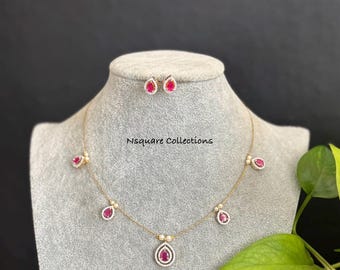 CZ Charm Short Necklace Set: Gold Plated Chain, Black Bead Accent