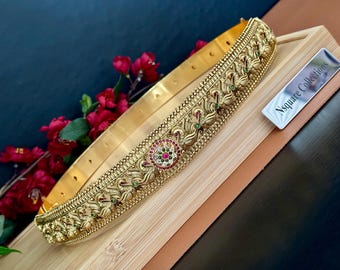 Restock- Antique Hip Belt , Kamarbandh  Kemp Saree Belt, Ruby Vaddanam
