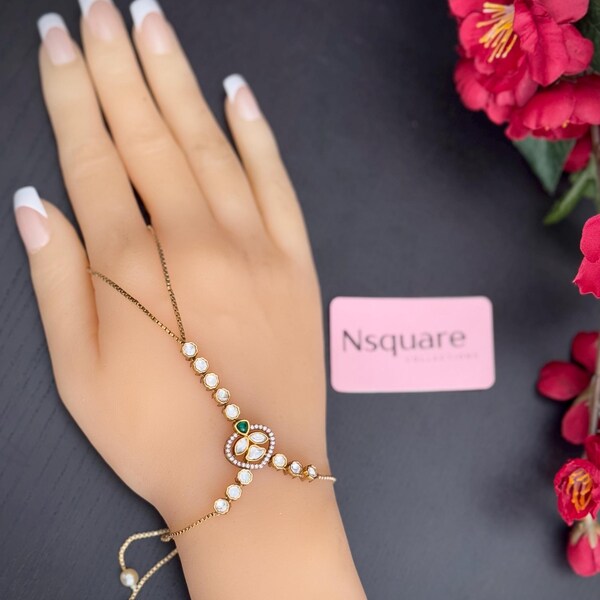 Kundan Haathphool Bracelet: Antique Gold CZ Hand Harness