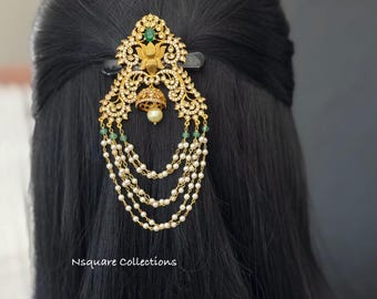 Antique Gold Lotus Hair Brooch: CZ Indian Bridal Pin