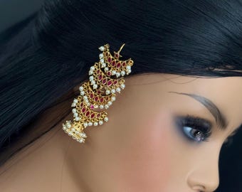 RESTOCKED-Bridal jhumkas / Red/Green Kemp stones & White Pearls Statement Ear Cuff Jhumka Earrings / Antique jhumkas / South Indian Jewelry