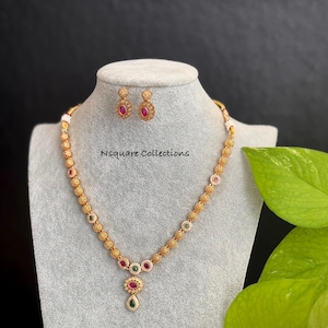 Antique Gold Kemp Necklace Set: Ruby & Green Stone Temple Jewelry
