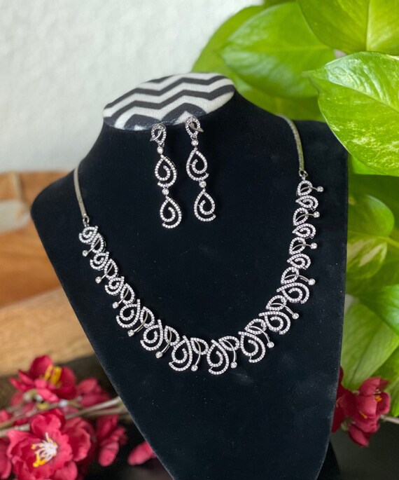Designer Black Finished AD Necklace Set CZ Earrings Diamond