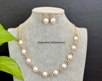 Two-Tone CZ Diamond Pearl Necklace Set: Bridal Jewelry
