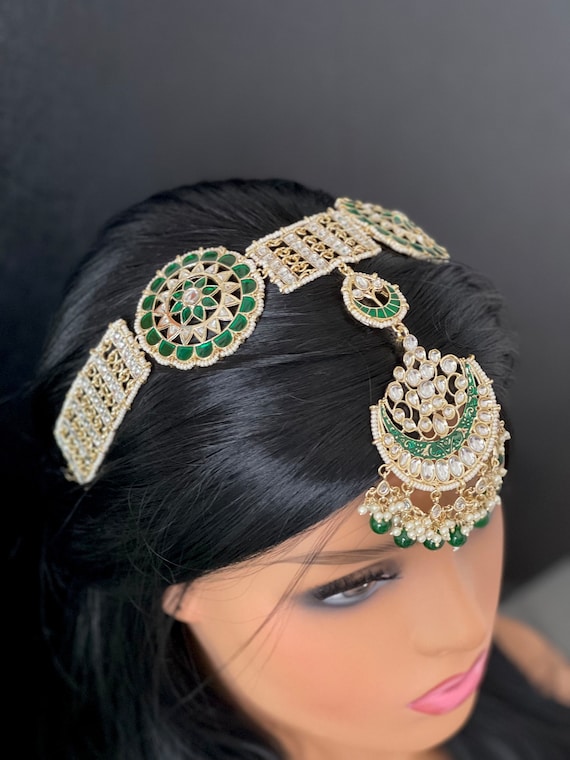 Grand Kundan Pearl Meenakari Head Band Sheesh Phool Tikka