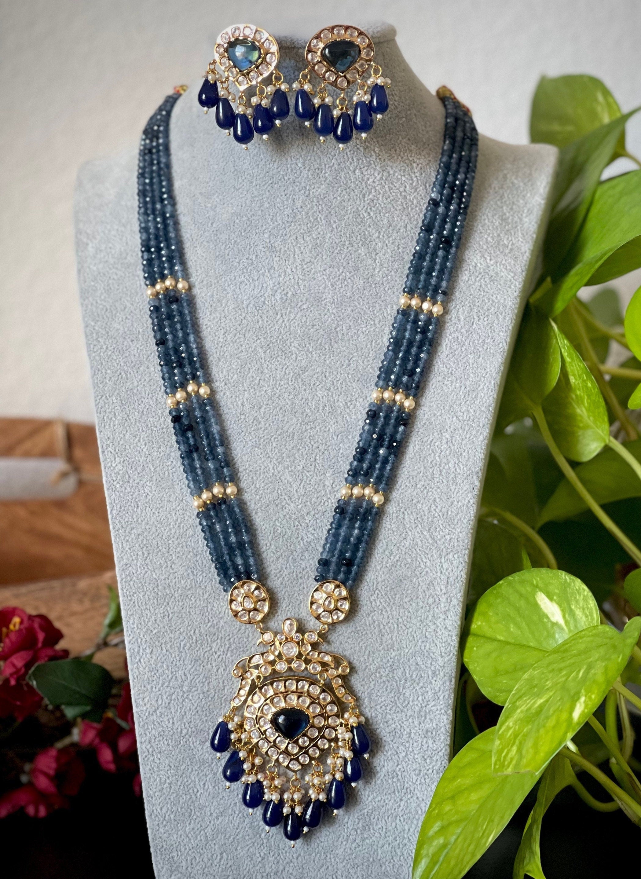 Buy Blue Agate Beads And Kundan Polki Multi-layered Long Necklace Set by  joules by radhika Online at Aza Fashions.