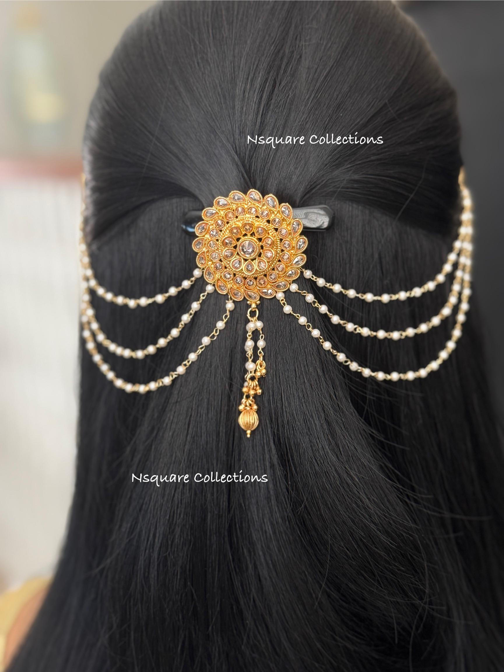 Gold Plated Polki Hair Pin: Indian Bridal Hair Brooch With 