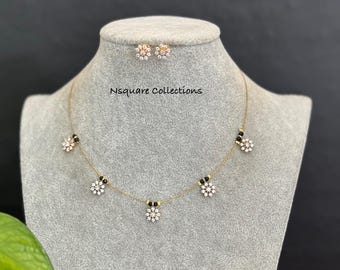 Cute Charm CZ SHORT Necklace Set / Simple Chain necklace set / Charm jewelry / Diamond necklace / Black Bead Necklace set