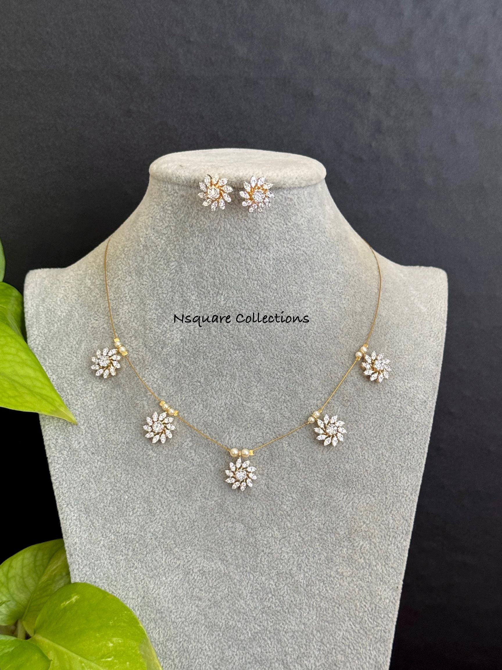 Cute Charm CZ SHORT Necklace Set / Simple Chain necklace set / Charm jewelry / Diamond necklace / Pearl Necklace set