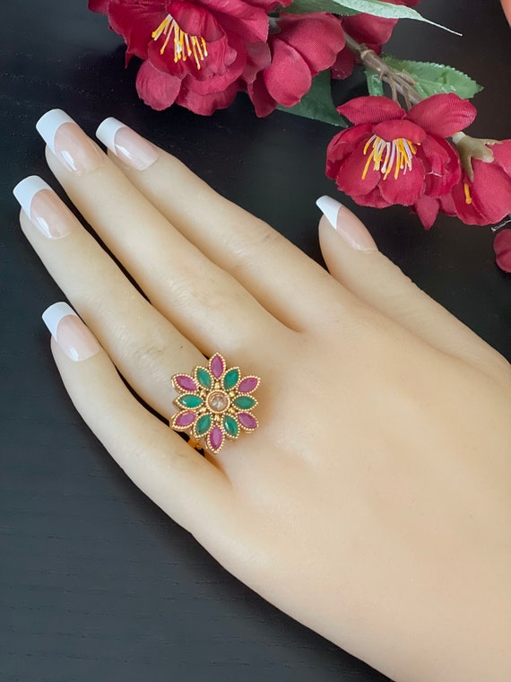 Buy Traditional Meenakari Floral Shaped Jadtar Adjustable Rings Online in  India - Etsy