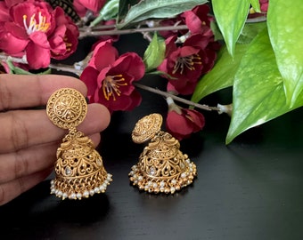 Antique gold peacock Jhumkas /Indian jewelry/Women jhumki Earrings / bridal earrings  / Temple Jhumka earrings / Polki jhumkas