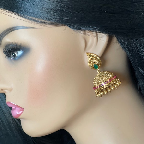 Antique matte gold finished ruby/emerald Peacock Jhumkas  / bridal earrings / Temple Jhumka earrings