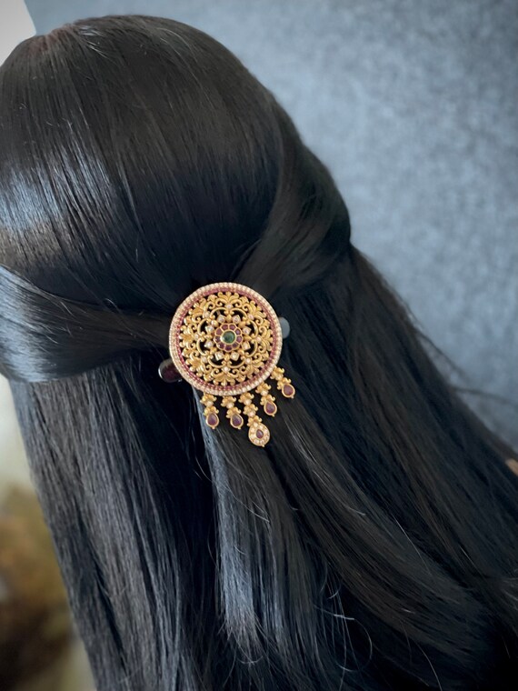 Pink Flowers Brooch Veni Indian Hair Piece | Hair Bun, Juda, Bridal Parties, Engagement, Weddings, Birthdays | Classical Dance Jewelry