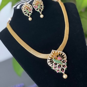 Gold AD CZ Peacock Necklace Set: Indian Jhumka Jewelry