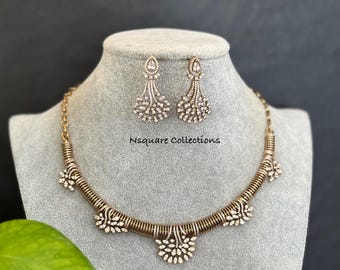 Simple Victorian finish CZ necklace set /South Indian Jewelry /  Diamond Kanti necklace set  / AD necklace set / Diamond necklace