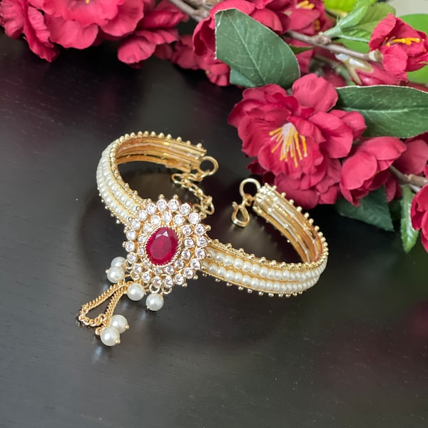 Single gold finished Ruby pearl Armlet / Bajuband / South Indian Wedding Jewelry /Angada / Single Bracelet for Upperarm / Vanki