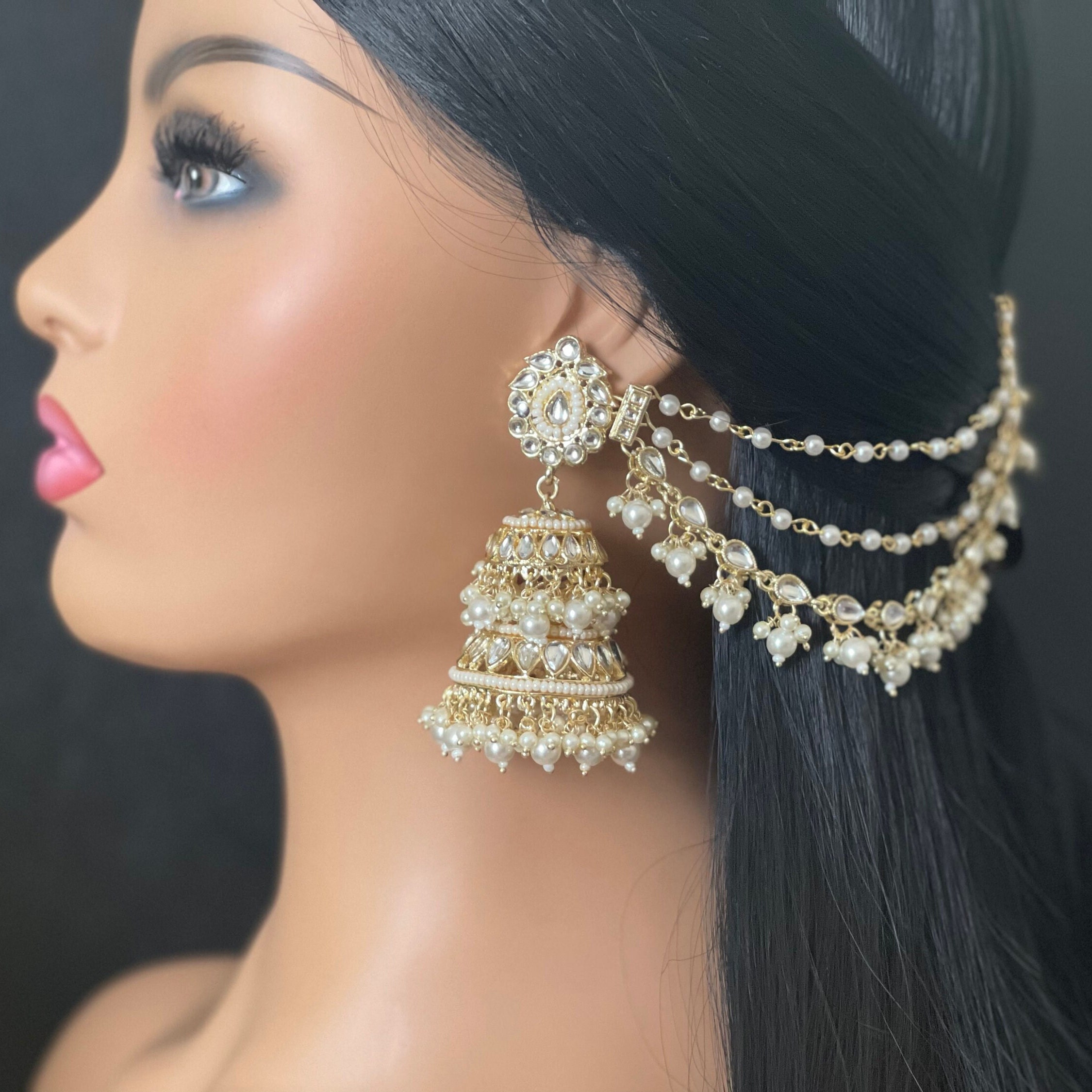 Jhumkas / Trendy Big Kundan and Pearl Jhumkas With Connected - Etsy Jhumkas / Trendy Big Kundan and Pearl Jhumkas With Connected - Etsy