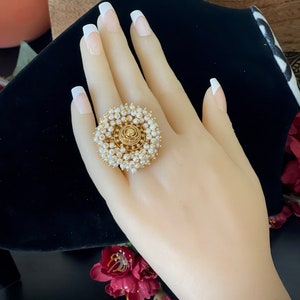 Antique gold Adjustable Finger Ring  / party wear rings/ Clustered pearl finger rings / Bollywood rings / finger rings