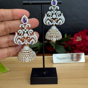 CZ Diamond Jhumka Earrings: Gold Two Tone Bridal Jewelry