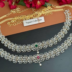 Diamond Hip Belt , Kamarbandh  CZ two tone finished Saree Belt, Ruby/ Emerald Vaddanam