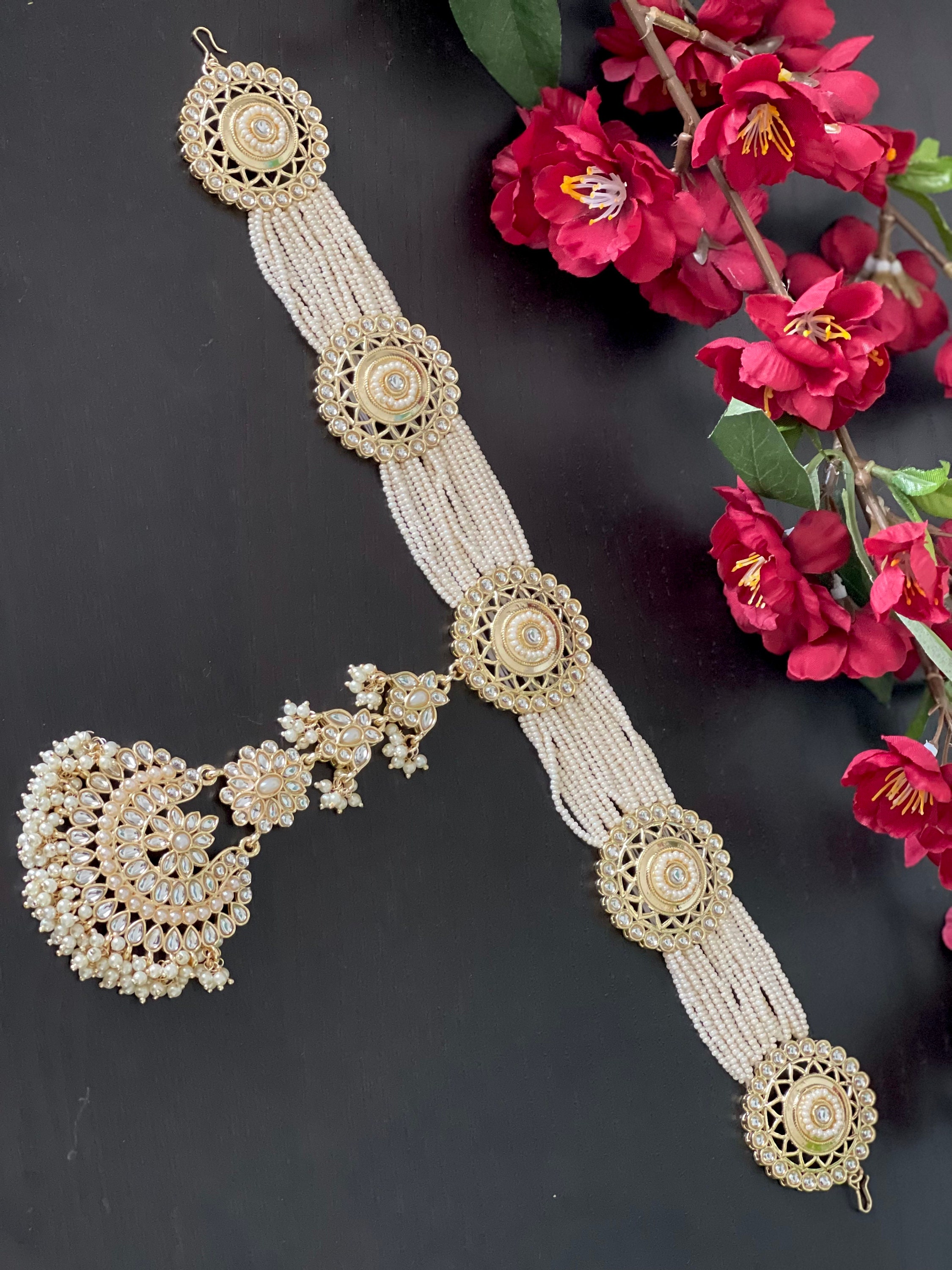 Grand Kundan Pearl Head Band Sheesh Phool Tikka Damini /gold
