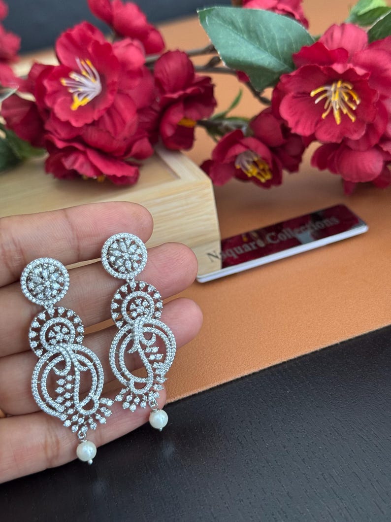 Pu&ograve; includere: Un paio di orecchini pendenti color argento con intricati disegni traforati e piccole perle bianche rotonde sul fondo. Gli orecchini sono adornati da numerosi piccoli cristalli trasparenti. Lo sfondo include fiori rossi e un biglietto da visita.