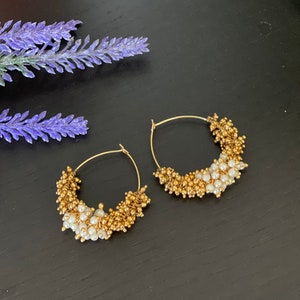 Small cute Trendy hoop earrings with clustered pearls gold plating / Hoops with pearl beads  / Hoop Jhumkas