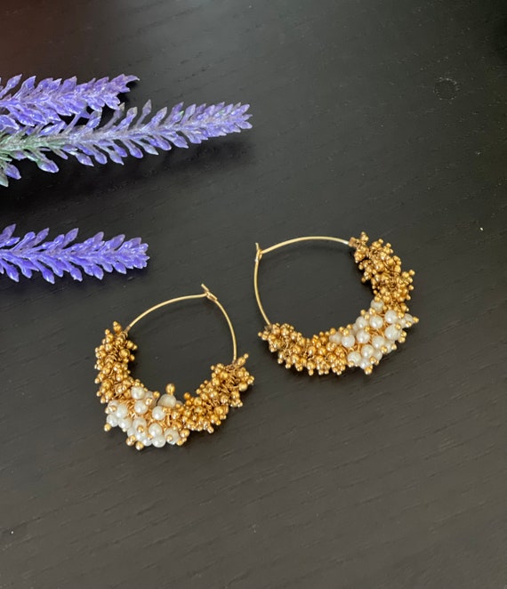 Small Cute Trendy Hoop Earrings With Clustered Pearls Gold Plating