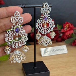 CZ Diamond Jhumka Earrings: Two-Tone Gold Bridal Jewelry