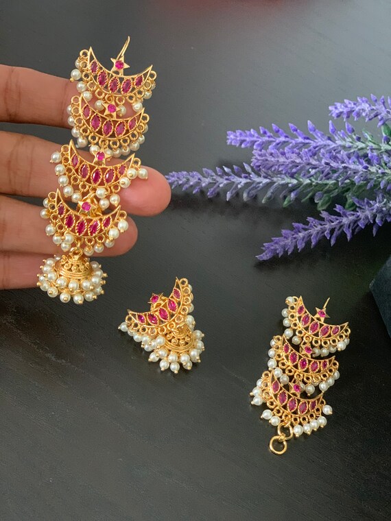 Gold Finished Ruby Pearl Jhumkas With Ear Chain women Jhumkis