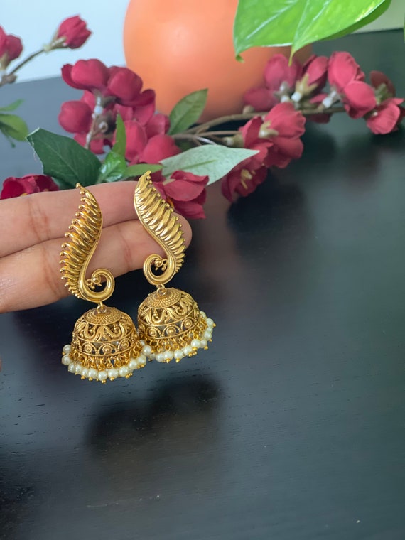 Antique matte gold finished peacock Jhumkas Indian jewelry Women jhumki Earrings bridal earrings Temple Jhumka earrings