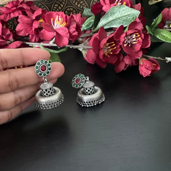 Indian jewelry / Oxidized Silver earrings/ silver  jhumkas / Handmade Women hanging Jhumka  Earrings / silver look alike earrings