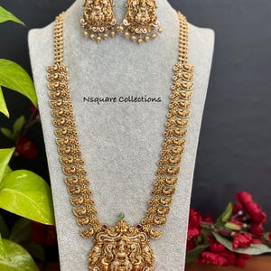 Antique haar / Long Lakshmi devi kemp Haram / Bridal Jewelry / South Indian Jewelry / Temple Jewelry / Ruby Peacock necklace / Haar