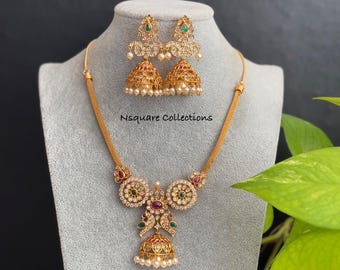 RESTOCK-Antique Gold finished Peacock kemp necklace set /South Indian Jewelry /  Temple jewelry / AD necklace set