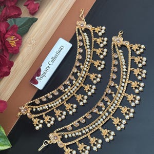 A Pair of Gold finished layered Polki pearl Ear Chain – Traditional Jhumka Earring Accessory