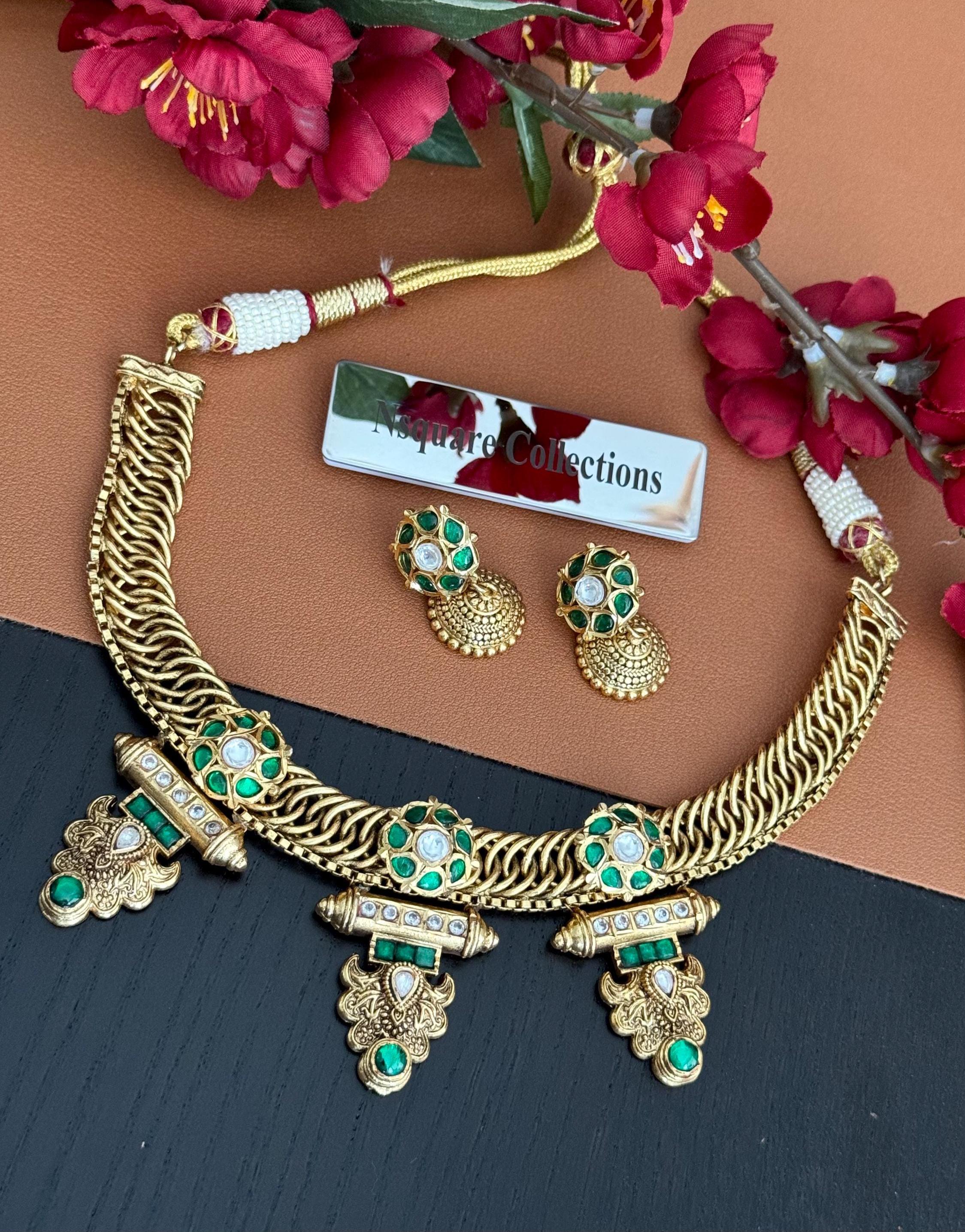 アンティークケンプCZジレビネックレスセット：伝統的なインドの