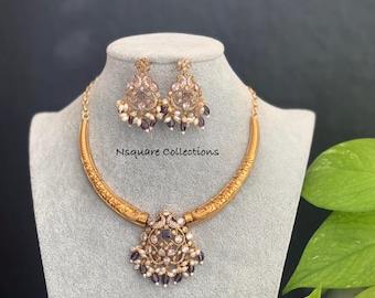 Restock- Peacock pendant necklace set  / Simple antique necklace Set / Kemp  neck set with earrings / Attigai necklace Set