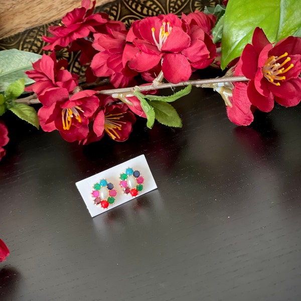 Small Navaratna flower stud Earrings /  Multi colored stud earrings  / Earrings/Bollywood earring / Pearl earrings