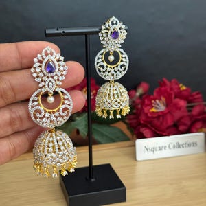 CZ Diamond Jhumka Earrings: Two-Tone Gold Bridal Jewelry