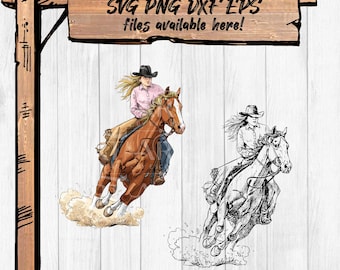Cowgirl GALLOP SVG | Running Horse Western Rider Clipart | Color & Ink Line Art Duo | png dxf eps
