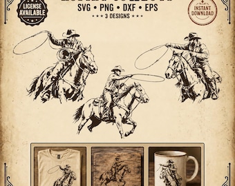 Roping Cowboy svg bundle, cowboy lasso clipart, western cut file png dxf eps, cricut sublimation, 3 designs, horse rider roping cowboy art