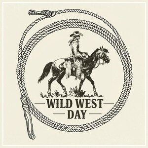K&ouml;nnte beinhalten: Eine schwarz-wei&szlig;e grafische Illustration eines Cowboys auf einem Pferd, umschlossen von einem kreisf&ouml;rmigen Lasso. Unter dem Pferd steht der Text WILD WEST DAY in einer fetten Serifenschrift, zentriert innerhalb des Seilrahmens auf hellem Grund.