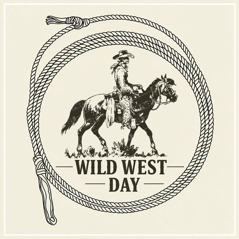 K&ouml;nnte beinhalten: Eine schwarz-wei&szlig;e grafische Illustration eines Cowboys auf einem Pferd, umschlossen von einem kreisf&ouml;rmigen Lasso. Unter dem Pferd steht der Text WILD WEST DAY in einer fetten Serifenschrift, zentriert innerhalb des Seilrahmens auf hellem Grund.