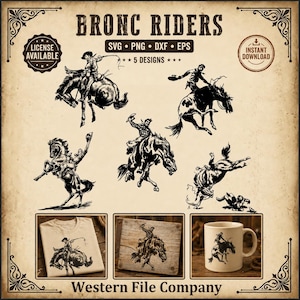May include: A vintage-style graphic featuring several black and white illustrations of bronc riders. The design includes a t-shirt, a wooden plaque, and a coffee mug showcasing the artwork. Text includes "BRONC RIDERS" and "Western File Company."