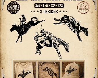 Paquete de imágenes prediseñadas de rodeo del Viejo Oeste en formato SVG / Monta de caballo salvaje en formato PNG / Vector western vintage / Descarga para sublimación con Cricut