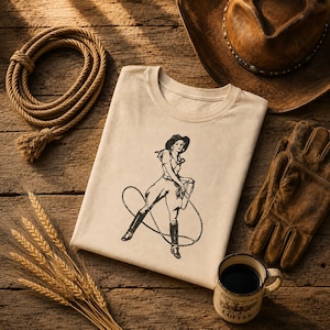 May include: A beige t-shirt featuring a black graphic print of a cowgirl holding a lasso. The shirt has a crew neckline and short sleeves. The illustration depicts a person wearing a hat, shirt, pants, and boots while holding a rope in a loop.
