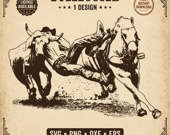 May include: Sepia-toned digital art of a rodeo scene. A cowboy attempts to wrestle a steer while riding a horse. The image includes text that reads "BULLDOGGER" and "Western File Company". The image is available in SVG, PNG, DXF, and EPS formats.